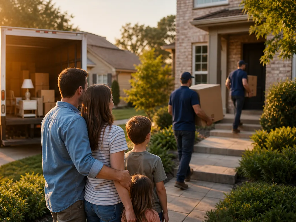 Family arriving at a new home as movers carry boxes from an out-of-state moving truck