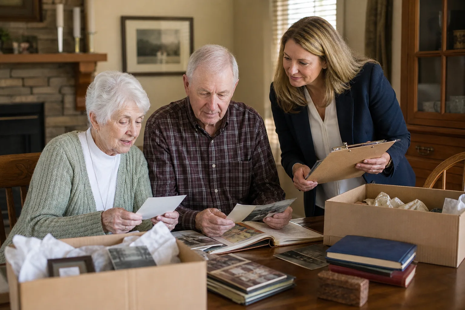 Older couple sorting photo albums at a dining table with a relocation coordinator holding a clipboard