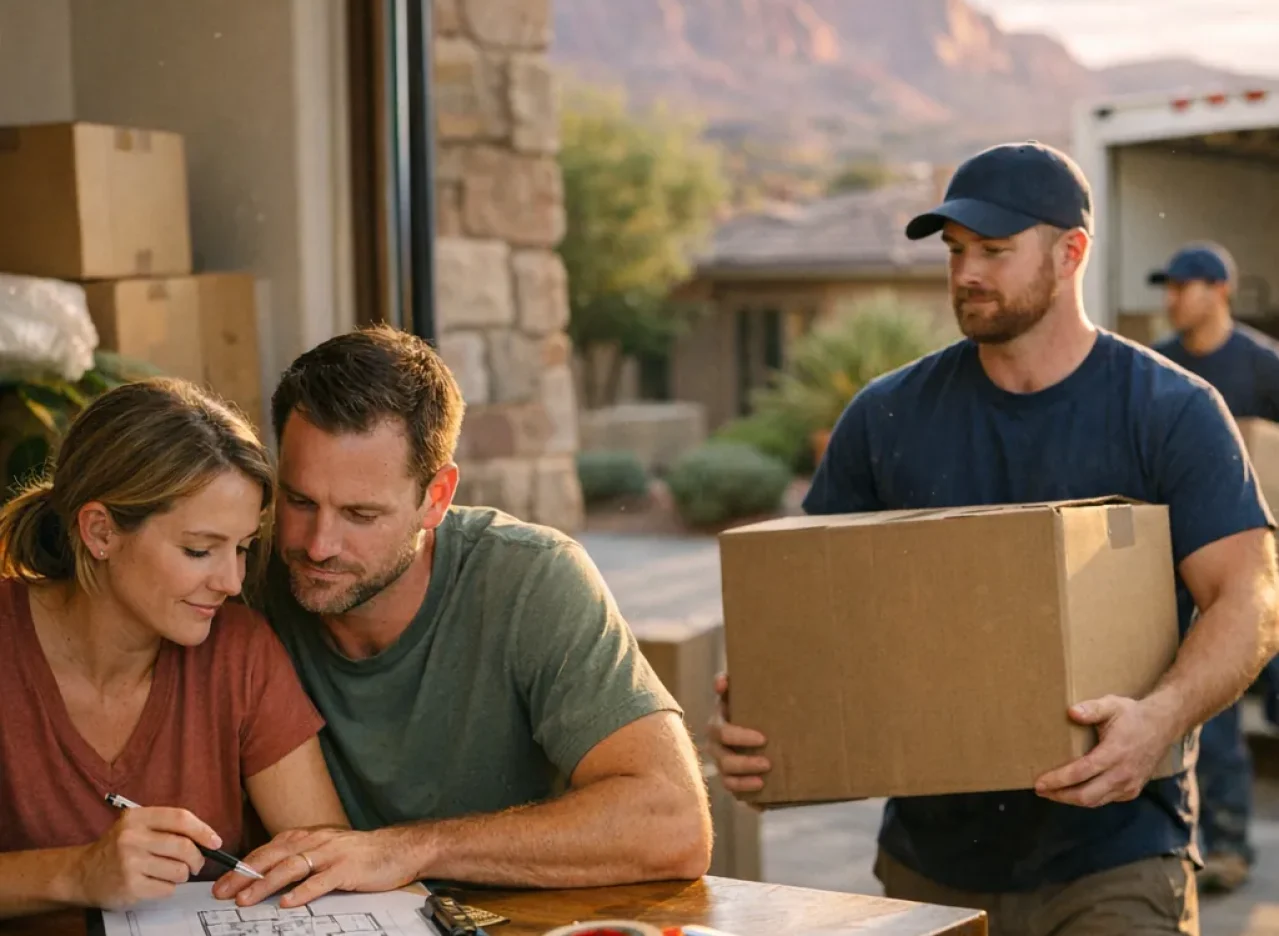 Homeowners reviewing their moving plan in St. George, Utah