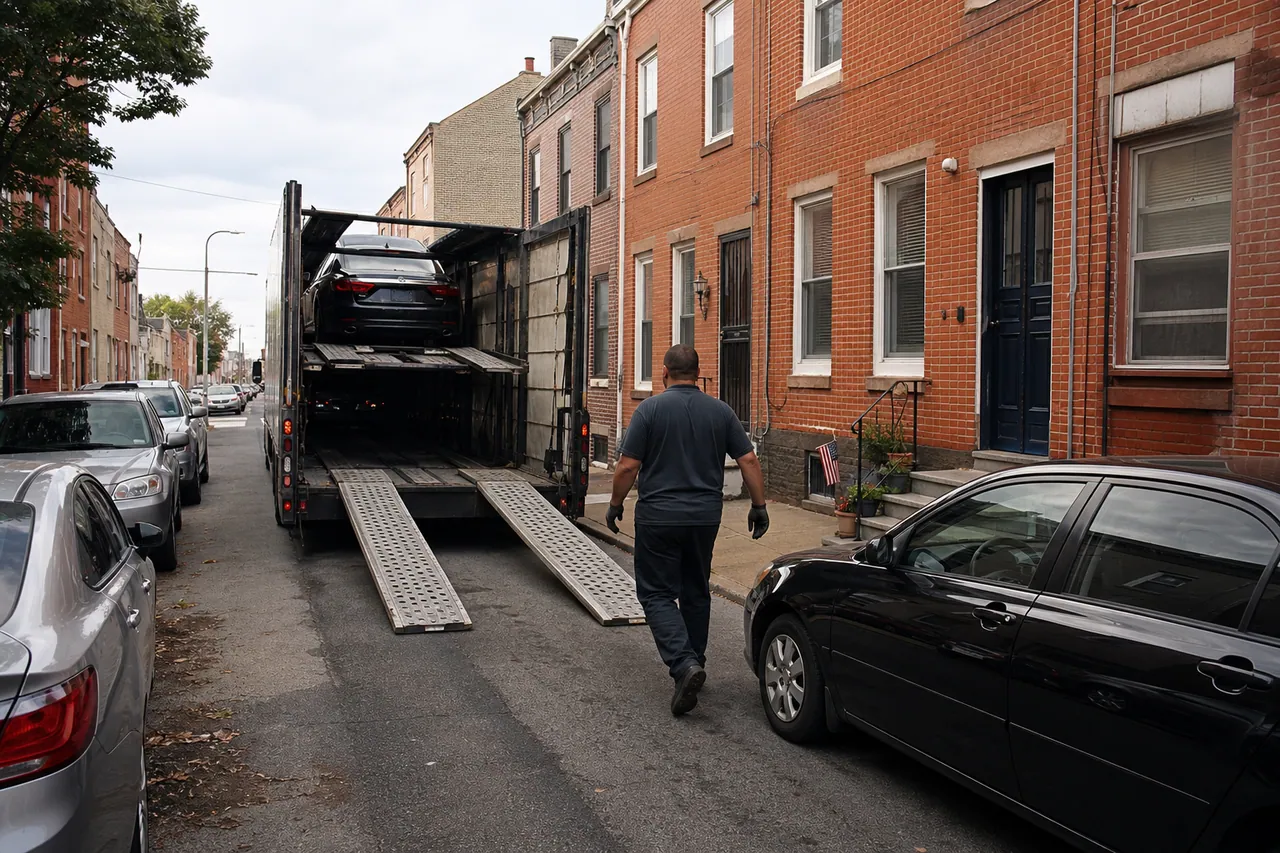 Narrow Philadelphia rowhouse street where auto transport carriers plan meet-point pickup access